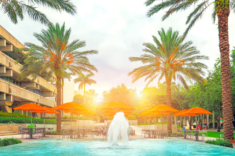 fountain with sunset